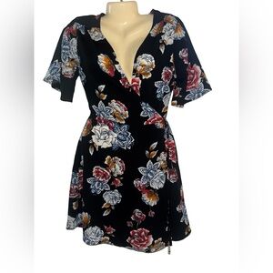 Black Floral Wrap Mini Dress with Pink & Cream Blooms